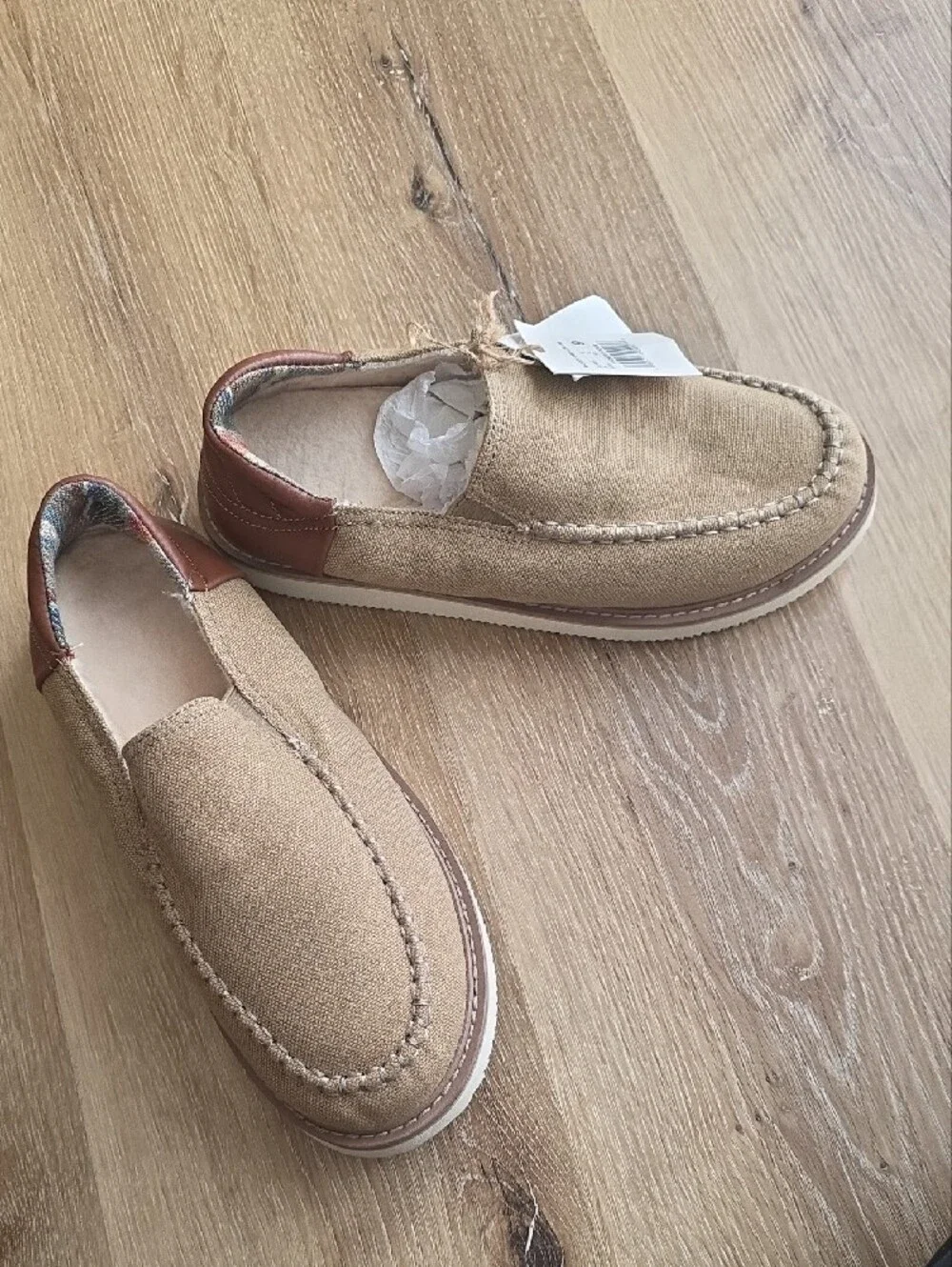 Sanuk Men’s Tan Canvas Slip-On Loafers with Brown Heel